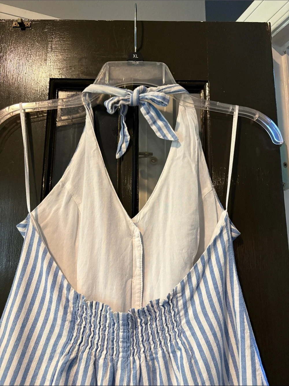 Blue & White Striped Halter Romper with Front Buttons